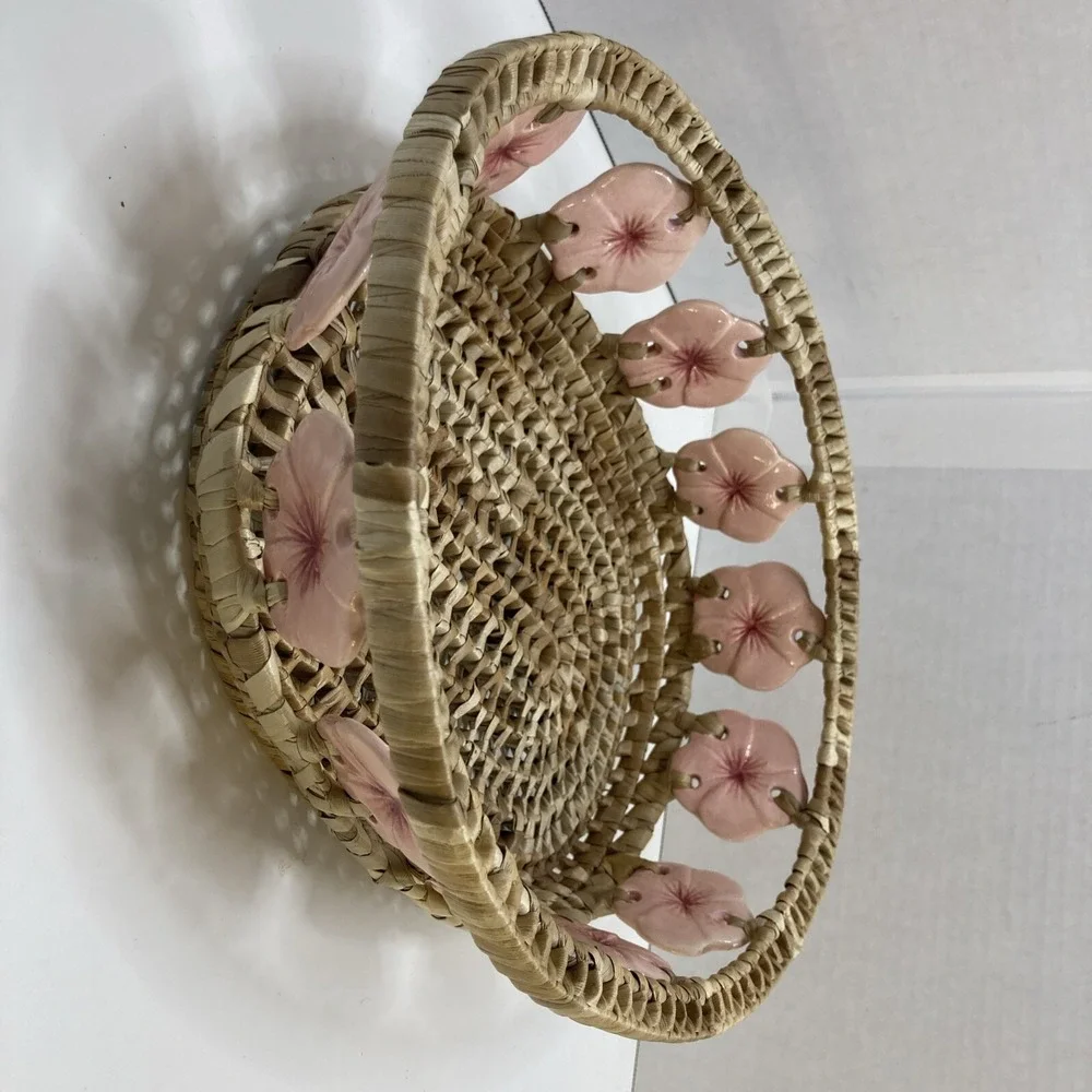 Rare Vintage Woven‎ Raffia Market With Porcelain Hibiscus Flower Adornment 11'